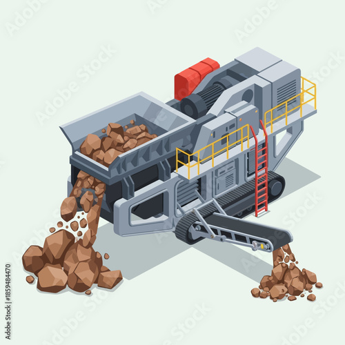 Heavy-duty industrial rock crusher machine processing ore and gravel.