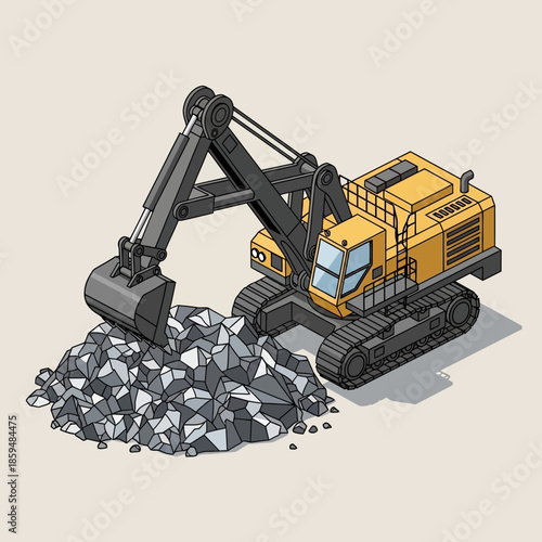 Heavy-duty excavator digging a pile of rocks at a construction site.
