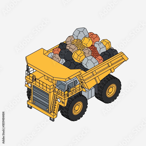Heavy-duty mining dump truck loaded with various colorful rocks and minerals.