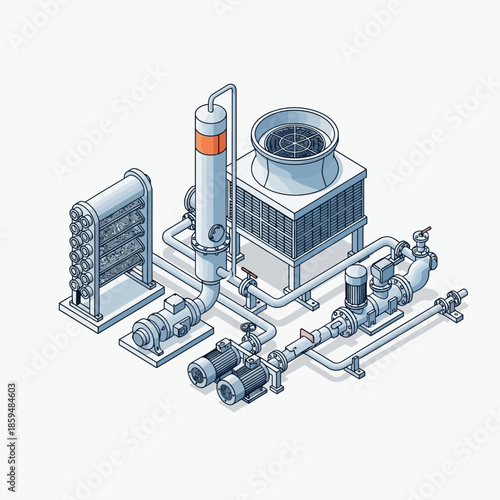 Industrial Cooling System with Pumps and Heat Exchangers.