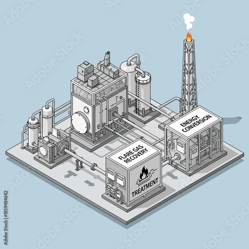 Industrial facility with flash gas recovery and energy conversion units.
