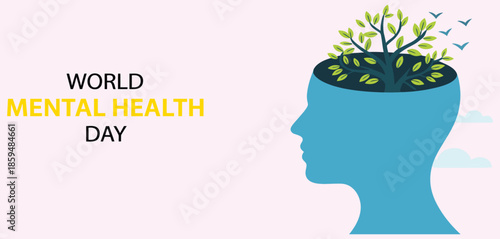 world mental health day concept vector illustration with abstract human head profile flowers and birds symbolizing emotional wellbeing peace mindfulness and mental care awareness.
