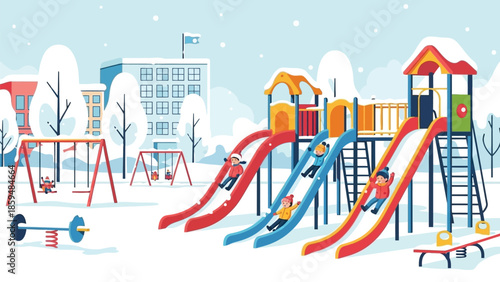 Playful children enjoy winter recreation on colorful playground equipment including slides and swings during a gentle snowfall scene