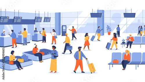 Busy modern airport terminal with travelers waiting and moving around