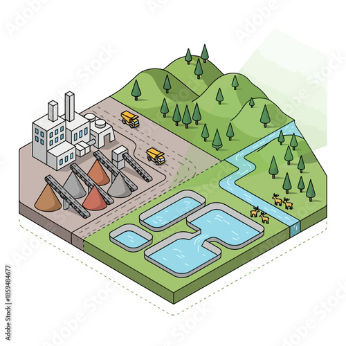 Industrial factory with silos and water treatment ponds.