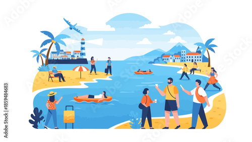 Vibrant tropical beach scene with travelers enjoying water activities and