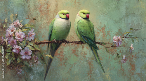 Charming Vintage Oil Painting of Two Parakeets on Branch Surrounded by Flowers in Soft Green and Pink Tones