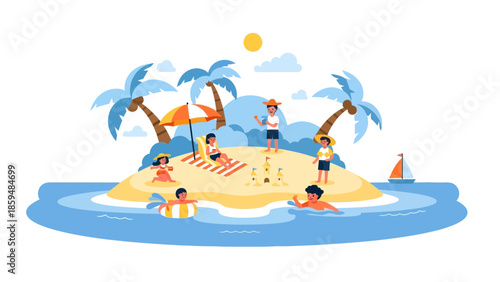 Vibrant tropical island getaway with sunbathers swimmers and palm trees