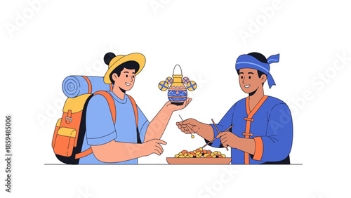 Young travelers exchanging food and souvenirs during outdoor trip in sunny