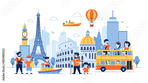 Vibrant cityscape featuring iconic landmarks and diverse pedestrians engaging