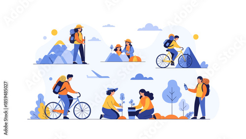People Enjoying Outdoor Activities in a Scenic Natural Environment Illustration