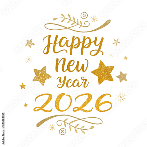 Happy New Year 2026 Golden Handwritten Greeting with Stars Swirls and Floral Accents on White Background