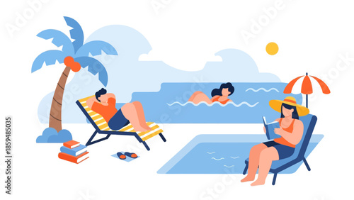 Relaxing beachside lounging with friends and family enjoying sunny weather and