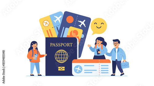Travel preparation with passport tickets and cheerful travelers engaging at