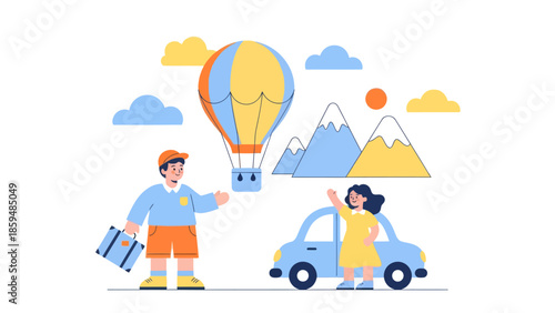 Cartoon Illustration of Family Traveling Adventure with Hot Air Balloon and Car