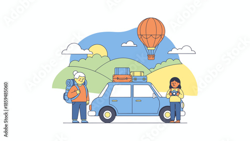 Adventure Seeker Pair Preparing for Hot Air Balloon Ride with Packed Car