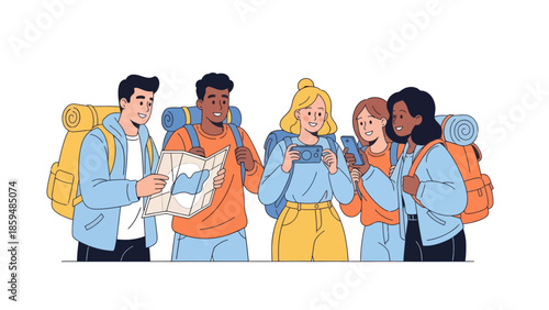 group of diverse young hikers preparing for outdoor adventure with backpacks