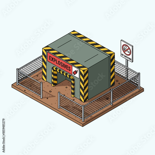 Isometric Explosives Storage Building with Warning Signs and Fencing.