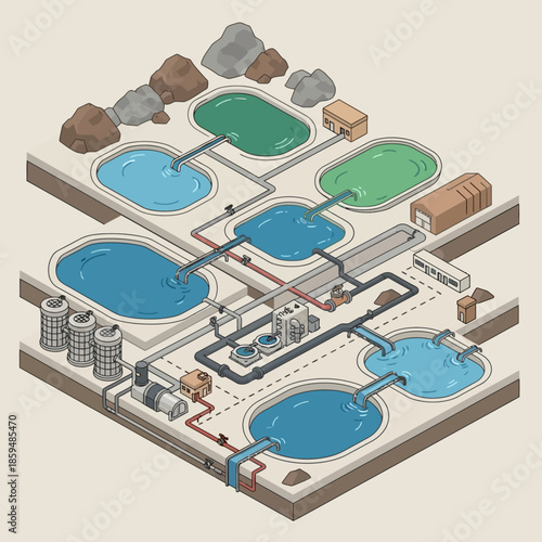 Isometric illustration of a complex water treatment and purification system.