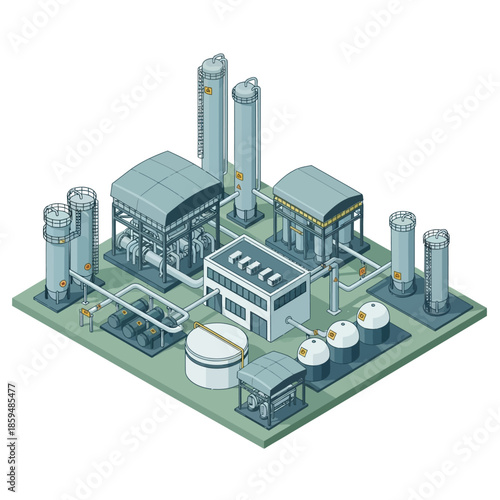 Isometric illustration of a detailed industrial factory complex with various buildings and storage tanks.