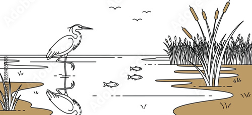 Minimalist line art illustration depicts a focused heron standing still in shallow water observing small fish swimming nearby among reeds.