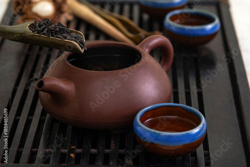 tea ceremony, close up of clay teapot and cups