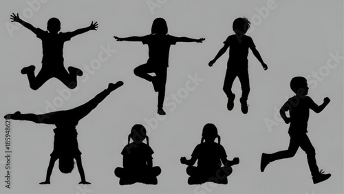 Silhouettes of People Exercising and Meditating in Various Yoga and Fitness Poses