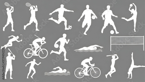 White Silhouette Athletes Exercising on Gray Background