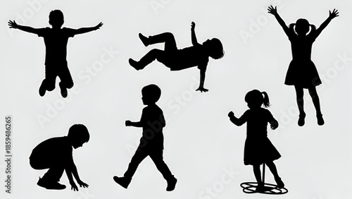 Children Silhouettes Playing and Dancing Isolated on White Background