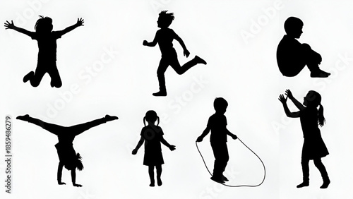 Children Playing Silhouettes Isolated on White Background