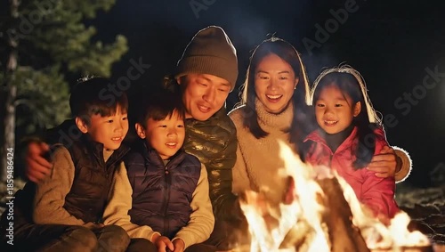 Family Campfire Story Time: A loving family gathers around a crackling campfire under the night sky, sharing stories and laughter. Capturing the warmth, togetherness.