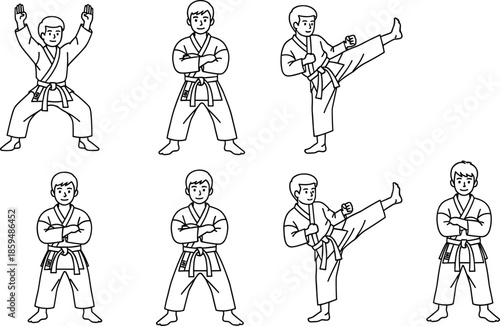 Martial artist illustration, cartoon poses, karate stance, high kick, celebratory gesture, traditional gi, black line art, vector sketch
