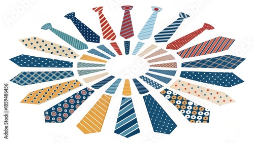 A colorful collection of patterned neckties arranged in a circular display
