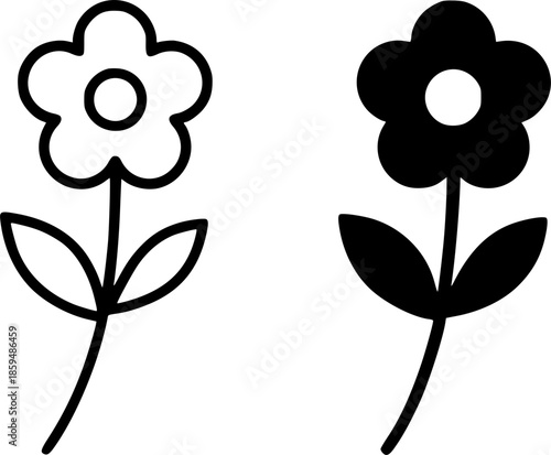 Simple icons, flower illustrations, black and white, outline and silhouette versions