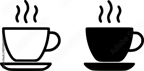 Simple icon, illustration of a cup of coffee, black and white, outline and silhouette versions