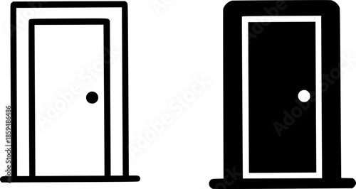 Simple icon, door illustration, black and white, outline and silhouette versions