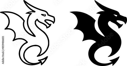 Simple icon, dragon illustration, black and white, outline and silhouette versions