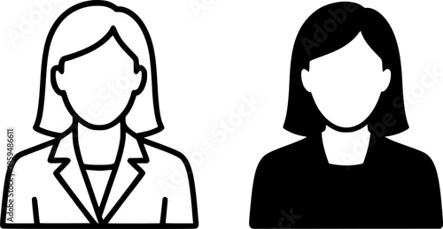 Simple icon, illustration of a woman's passport photo, black and white, outline and silhouette versions
