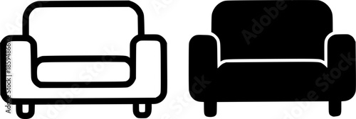 Simple icon, sofa illustration, black and white, outline and silhouette versions