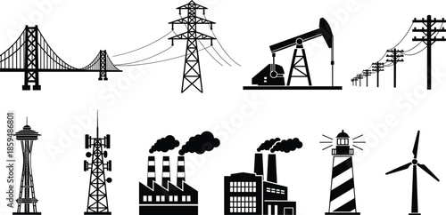 Industrial infrastructure icons set, energy power transmission communication factory oil wind turbine lighthouse silhouette vector illustration collection