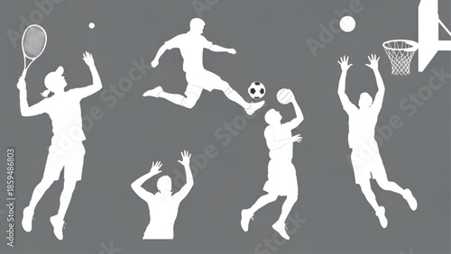 Silhouette People Playing Sports Jumping High Isolated on Grey