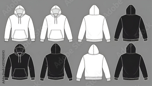 Hoodie Template Set Front and Back Views on Gray Background