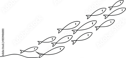 A school of simple line drawn fish swimming in a diagonal formation