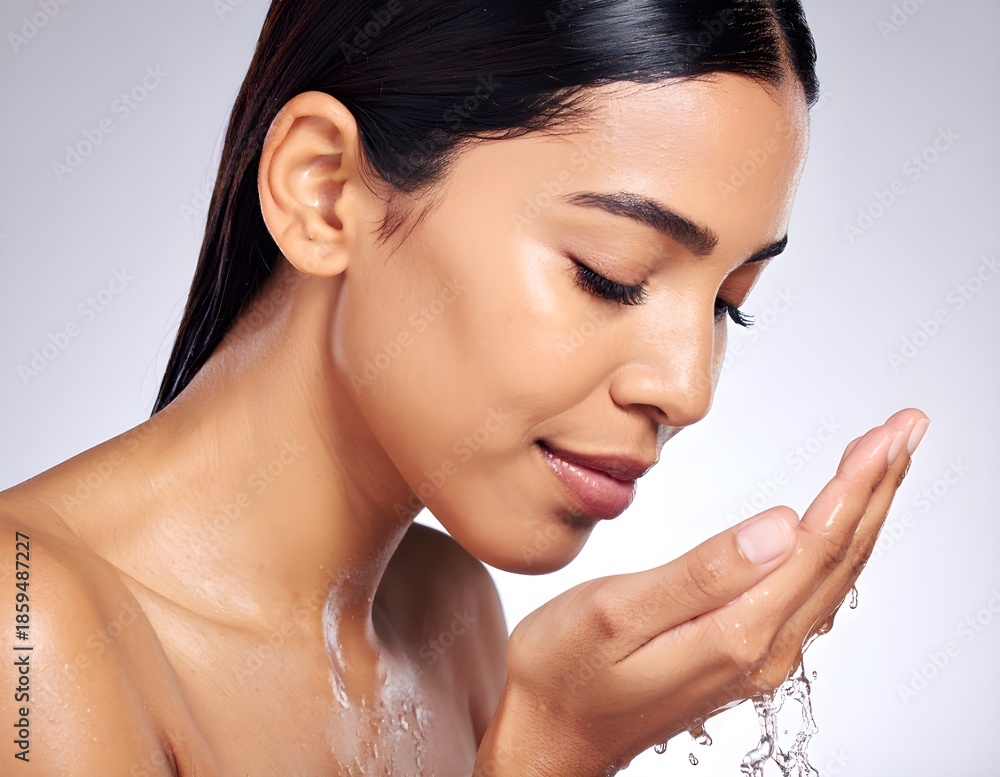 Naklejka premium Captivating young woman embracing a refreshing skincare ritual, gently splashing water onto her face for a radiant and hydrated complexion, symbolizing natural beauty and wellness