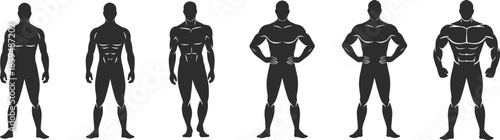 Male silhouette progression, body transformation stages, muscle development chart, fitness evolution graphic, physique comparison, bodybuilding growth sequence, strength training progression
