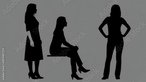 Three Women Silhouettes Standing and Sitting in Various Poses on Gray Background