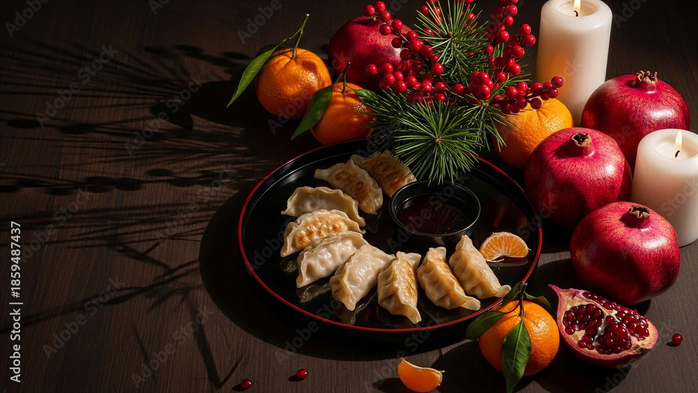Fototapeta premium Dumplings served on black plate with pomegranate and candles 