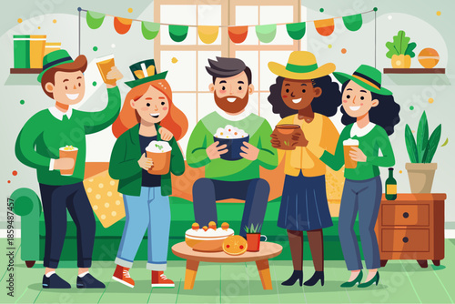 Group of friends celebrating St. Patrick's Day at home with drinks, snacks, festive hats and green outfits in cozy living room
