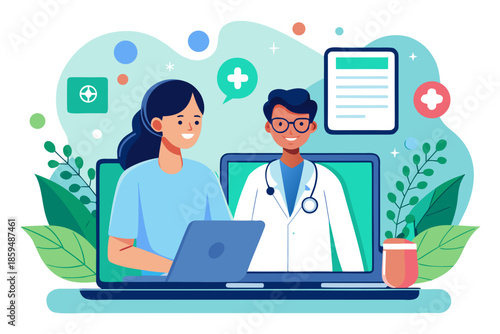 Woman having online consultation with doctor via laptop, telemedicine service with modern healthcare technology and communication