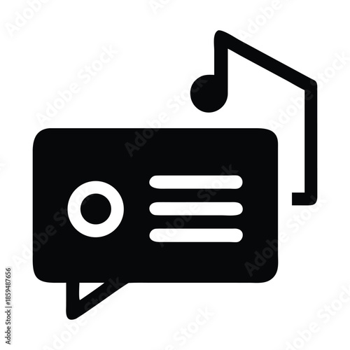 A simple black and white icon depicting a vintage radio with a speech bubble design